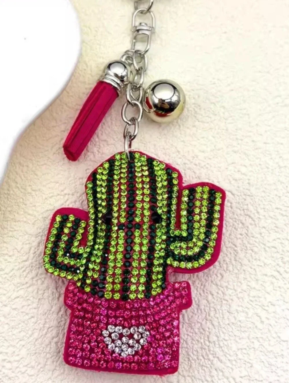 Western Cactus Crystal Rhinestone Keychain Bag Charm With Pink Tassel